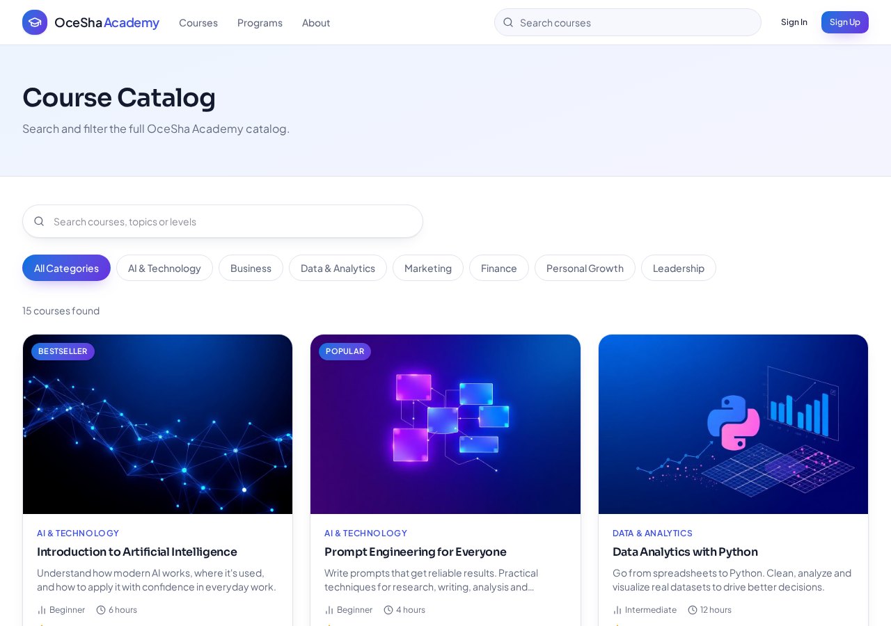 OceSha Academy course catalog with categories and filters