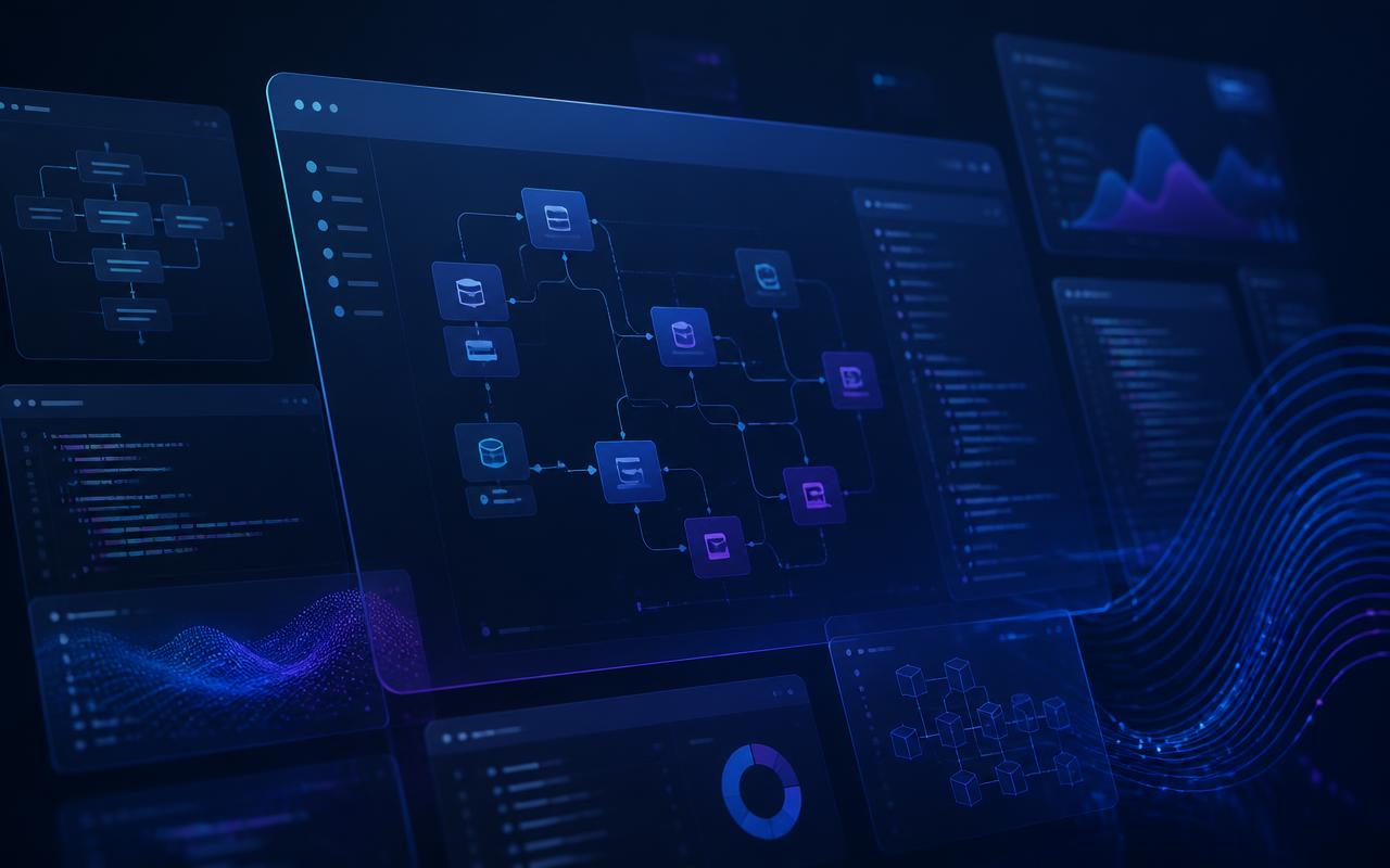 Layered application interfaces, automation workflow graphs, and architecture diagrams