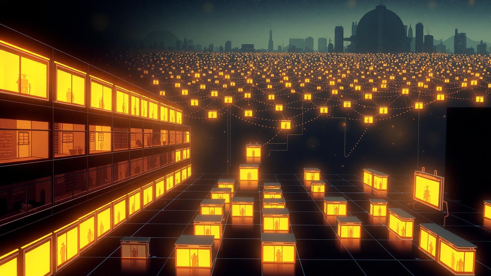 Abstract field of illuminated storefront nodes across a dark city grid at night
