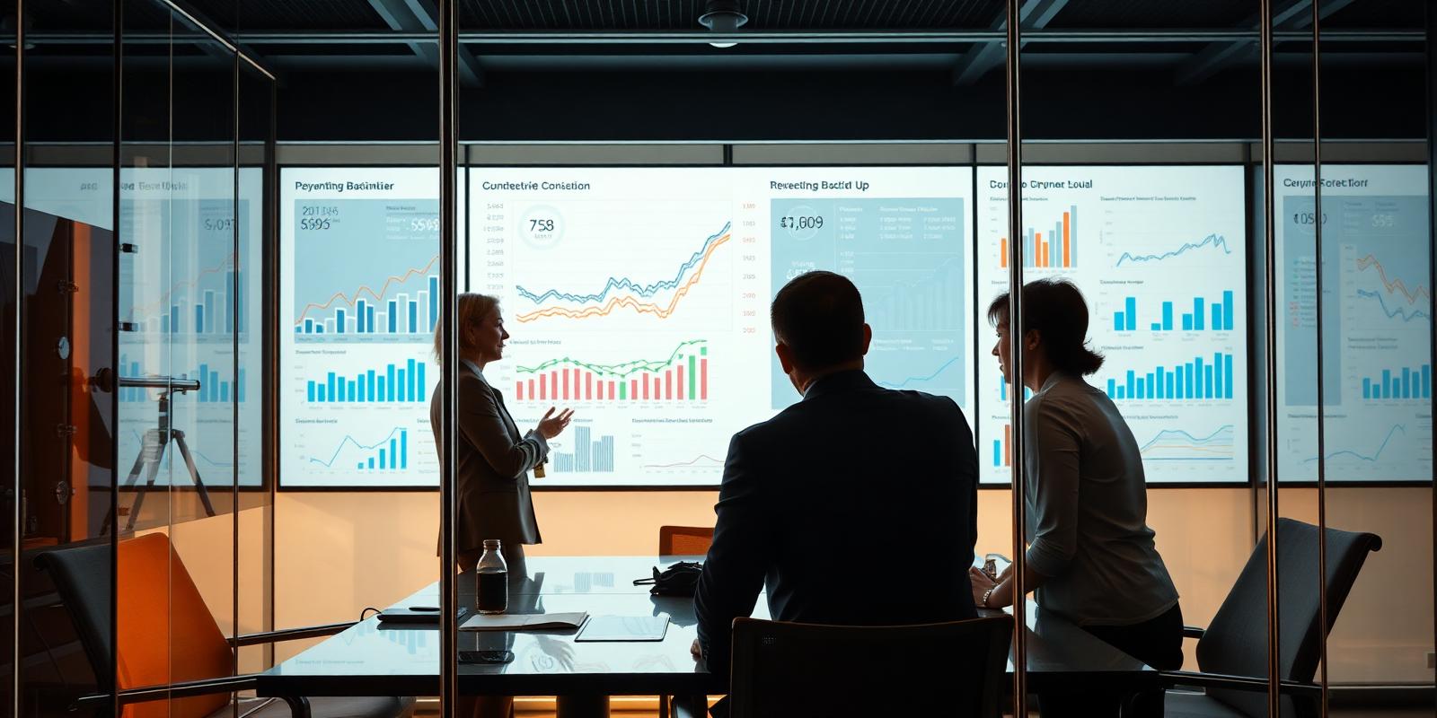 Executives reviewing business performance metrics on a large display in a meeting room