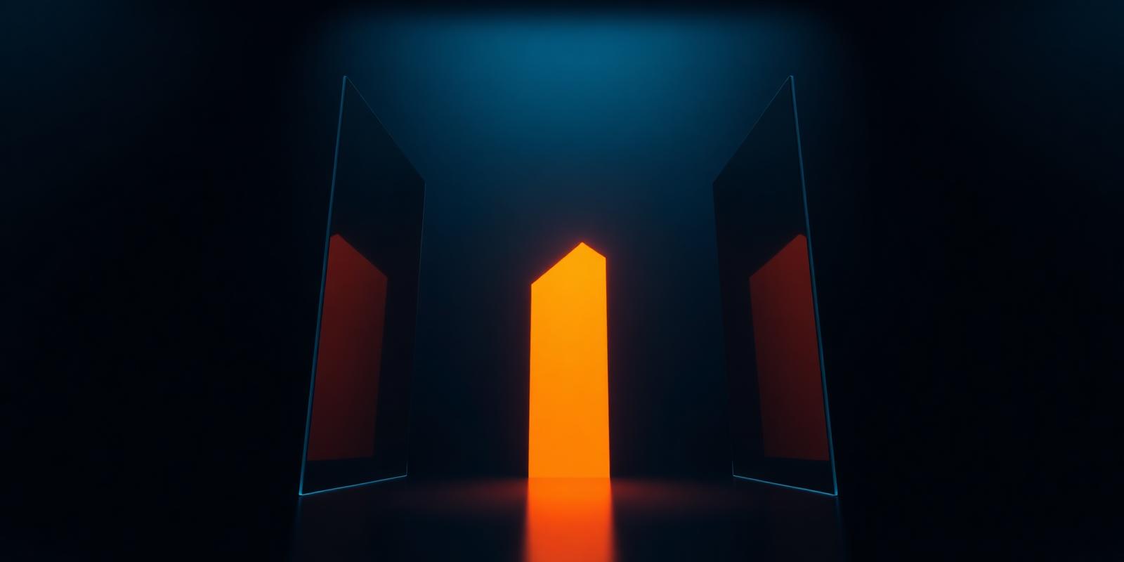 An abstract upward path of warm light rising through geometric glass forms on a dark background
