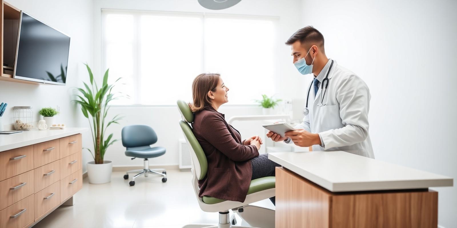 A dentist speaking with a prospective patient during a consultation in a modern practice