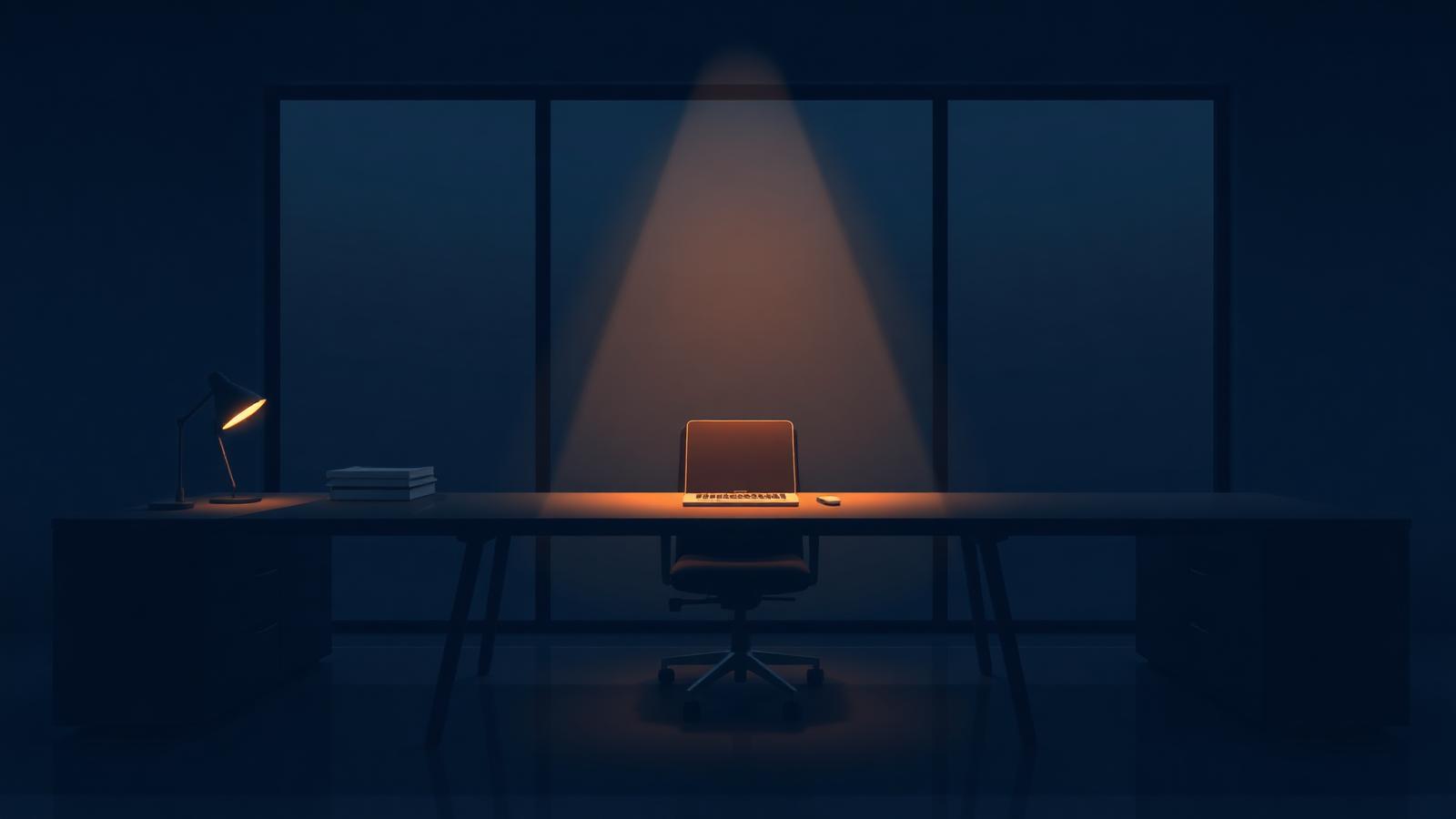 A dark modern office desk lit by a soft warm glow where a person would sit