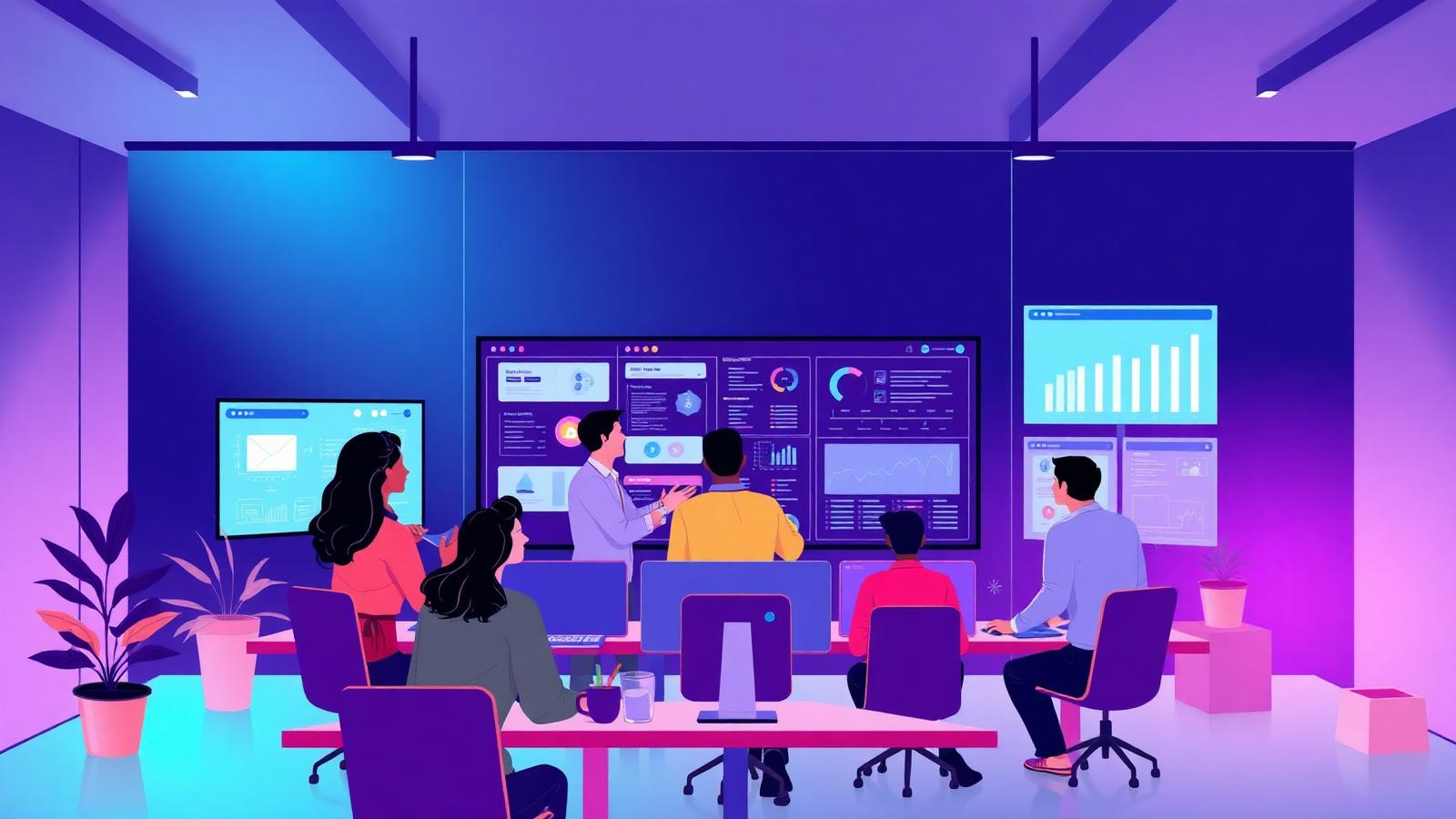 Professionals collaborating around AI learning dashboards