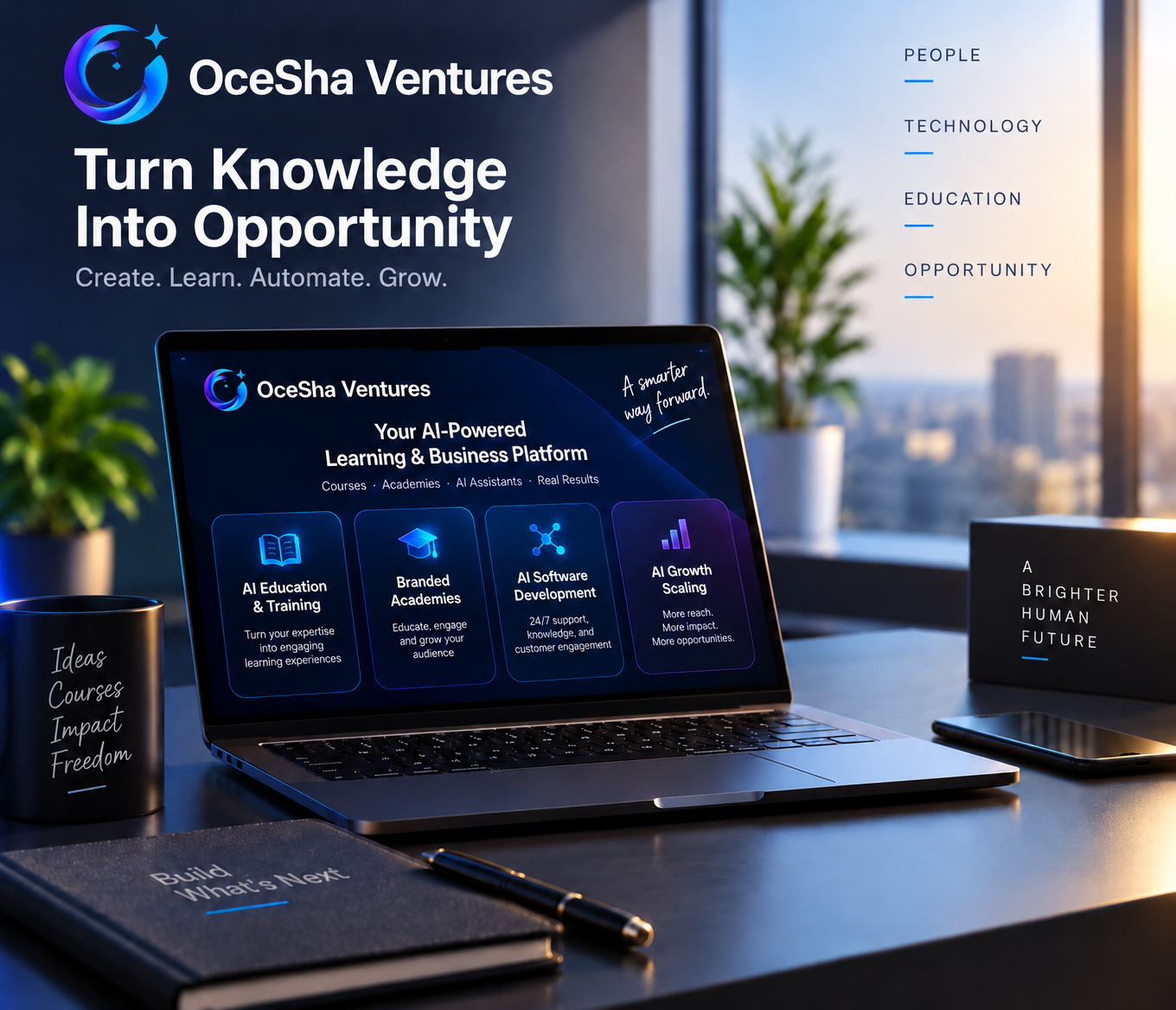 Turn Knowledge Into Opportunity. Create. Learn. Automate. Grow. — OceSha Ventures connects people, technology and education.